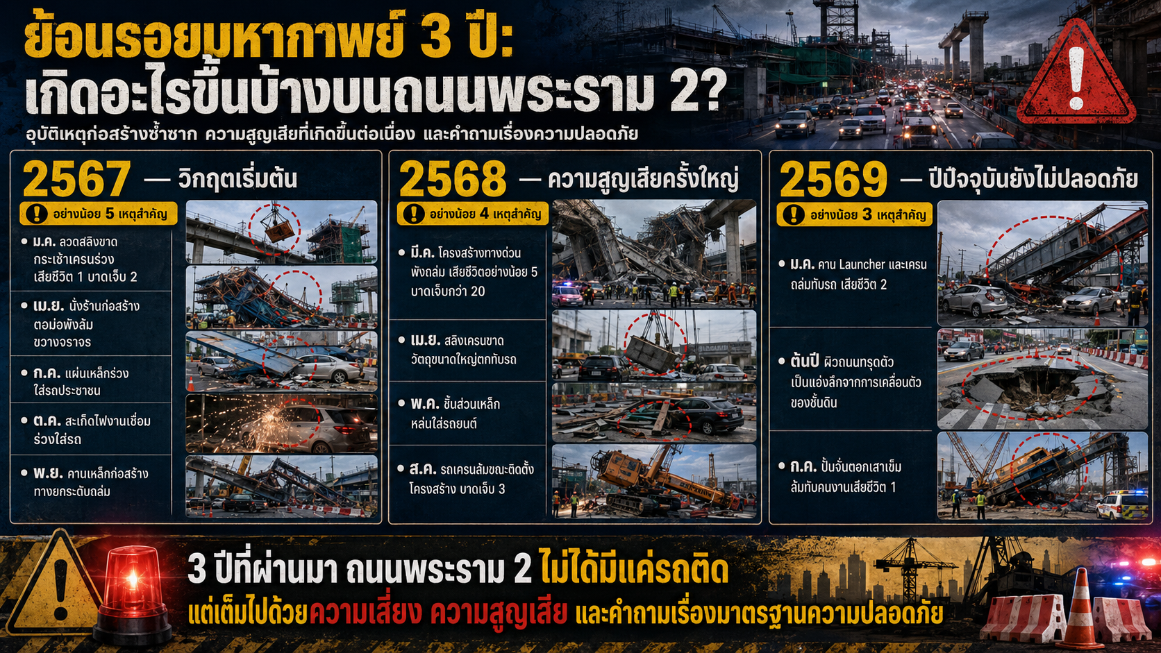 ย้อนรอยมหากาพย์ 3 ปี: เกิดอะไรขึ้นบ้างบนถนนพระราม 2? อุบัติเหตุก่อสร้างซ้ำซาก ความสูญเสียที่เกิดขึ้นต่อเนื่อง และคำถามเรื่องความปลอดภัย